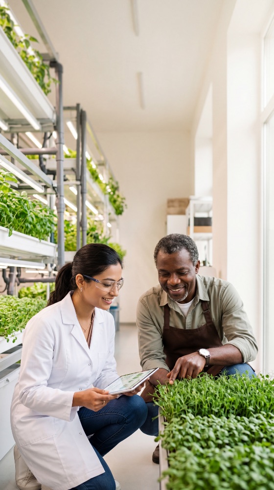 diverse, team, scientists, and, farmers, inspecting, microgreens, modern, indoor, vertical, farm, using, digital, tablet, farming, agritech, hydroponics, agriculture, scientist, farmer, technology, sustainable, food, production, research, innovation, collaboration, laboratory, plants, growth, green, smart, urban, agronomist, biology, biotechnology, ecology, environment, future, greenhouse, harvest, healthy, inspection, coat, leafy, greens, organic, professional, quality, control, science, seedling, teamwork, vegetable, worker