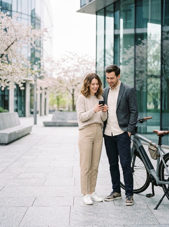 smiling, young, couple, colleagues, looking, smartphone, together, modern, urban, environment, with, bicycle, city, business, casual, happy, technology, communication, lifestyle, outdoors, spring, cherry, blossom, office, building, commuting, mobile, phone, adults, professional, friendship, connection, street, sidewalk, transport, eco-friendly, green, travel, e-bike, togetherness, sharing, social, media, app, internet, wireless, work-life, balance, people, man, woman, two, full, length