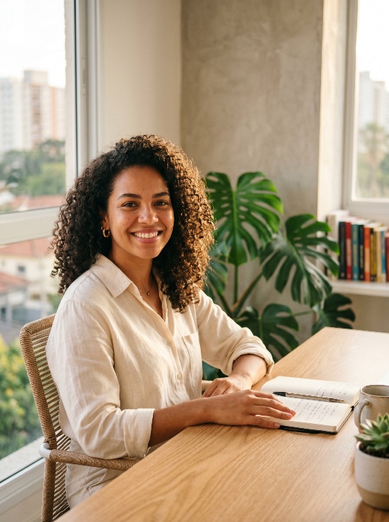 smiling, young, woman, with, curly, hair, working, bright, home, office, notebook, remote, work, freelancer, lifestyle, portrait, writing, student, productivity, education, indoor, natural, light, monstera, desk, journal, professional, happy, adult, diversity, ethnic, workspace, planning, creativity, business, cozy, apartment, study, people