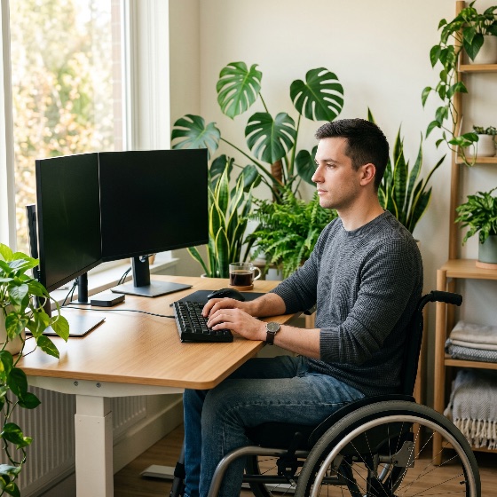 young, man, wheelchair, working, computer, bright, home, office, with, many, plants, disability, disabled, remote, work, desk, monitor, dual, houseplants, indoor, workspace, professional, technology, accessibility, inclusive, inclusion, lifestyle, productivity, sitting, typing, keyboard, biophilic, design, monstera, snake, plant, natural, light, modern, apartment, freelancer, entrepreneur, diversity, handicap, mobility, paraplegic, people, person, adult, male, caucasian