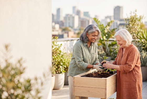 two, diverse, senior, women, enjoy, gardening, together, sunny, rooftop, terrace, with, city, skyline, view, planting, seedlings, wooden, raised, bed, while, smiling, and, sharing, happy, moment, urban, friends, retirement, lifestyle, hobby, outdoors, happiness, friendship, elderly, active, nature, green, sustainability, environment, plants, soil, planter, apartment, balcony, leisure, wellness, healthy, social, community, multicultural, indian, caucasian, summer, sun, daylight, home, growth, seedling, gloves, hobbyist, living, people