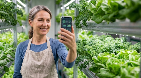 smiling, female, farmer, using, smartphone, app, monitor, plant, growth, modern, vertical, indoor, farm, hydroponics, farming, technology, agriculture, woman, scientist, sustainability, green, lettuce, kale, monitoring, data, analytics, smart, greenhouse, middle-aged, professional, innovation, gardening, organic, fresh, vegetable, food, production, agritech, digital, mobile, environment, eco-friendly, urban, led, lights, hydroponic, system, care