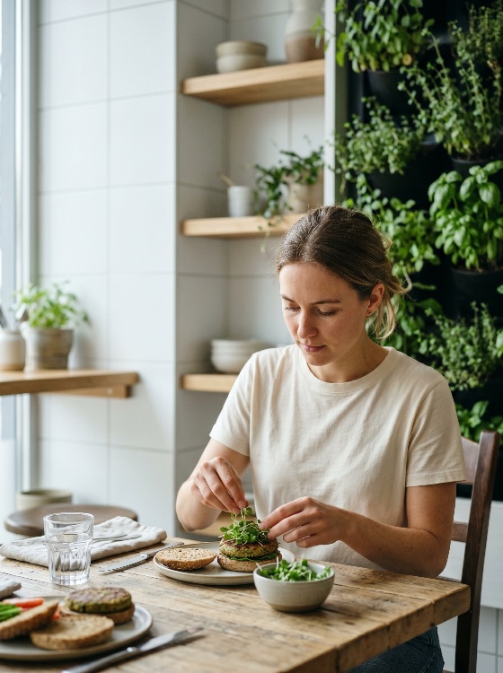 young, woman, preparing, healthy, plant-based, veggie, burger, with, fresh, microgreens, bright, kitchen, vegan, vegetarian, sprouts, lifestyle, nutrition, meal, preparation, homemade, organic, sustainable, green, wall, herb, garden, wooden, table, wellness, food, lunch, cooking, modern, natural, light, diet, wholesome, assembling, adult, female, indoor, living, drink