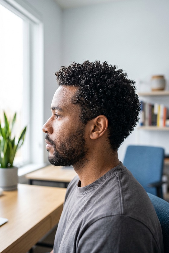 profile, view, thoughtful, young, black, man, with, curly, hair, looking, out, window, bright, home, office, african, american, working, from, remote, work, contemplative, beard, adult, male, side, away, thinking, professional, freelancer, workspace, indoor, natural, light, modern, lifestyle, person, human, portrait, concentration, focus, calm, peaceful, entrepreneur, student, creative, desk, interior, business, finance