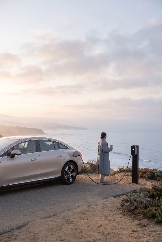 woman, charging, electric, car, scenic, coastal, station, stylish, holding, travel, mug, stands, beside, her, luxury, vehicle, plugged, into, outdoor, cliff, overlooking, the, ocean, calm, atmosphere, misty, coastline, and, soft, twilight, create, serene, setting, for, sustainable, modern, mobility, view, coast, sea, sunset, sunrise, eco-friendly, energy, green, road, trip, transportation, charger, cable, landscape, lifestyle, coffee, coat, outdoors, clean, technology, environment, nature, journey, tranquility, power, battery, future, automobile, drive, dusk, horizon, freedom, recharging, contemporary, innovation, landscapes