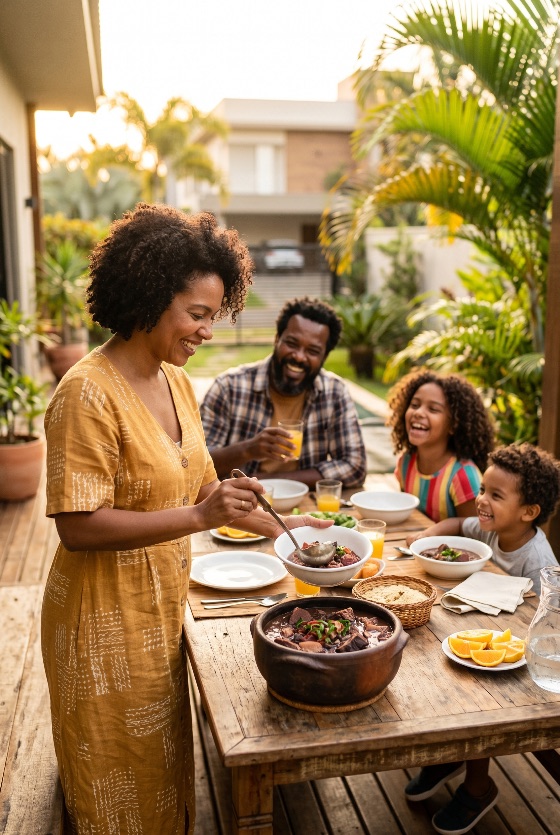 happy, black, family, enjoying, traditional, feijoada, meal, together, outdoor, patio, brazilian, eating, lunch, happiness, togetherness, mother, father, children, serving, food, tropical, garden, backyard, tradition, culture, lifestyle, smiling, laughing, summer, clay, pot, stew, home, bonding, authentic, diverse, people, african, american, sunny, leisure
