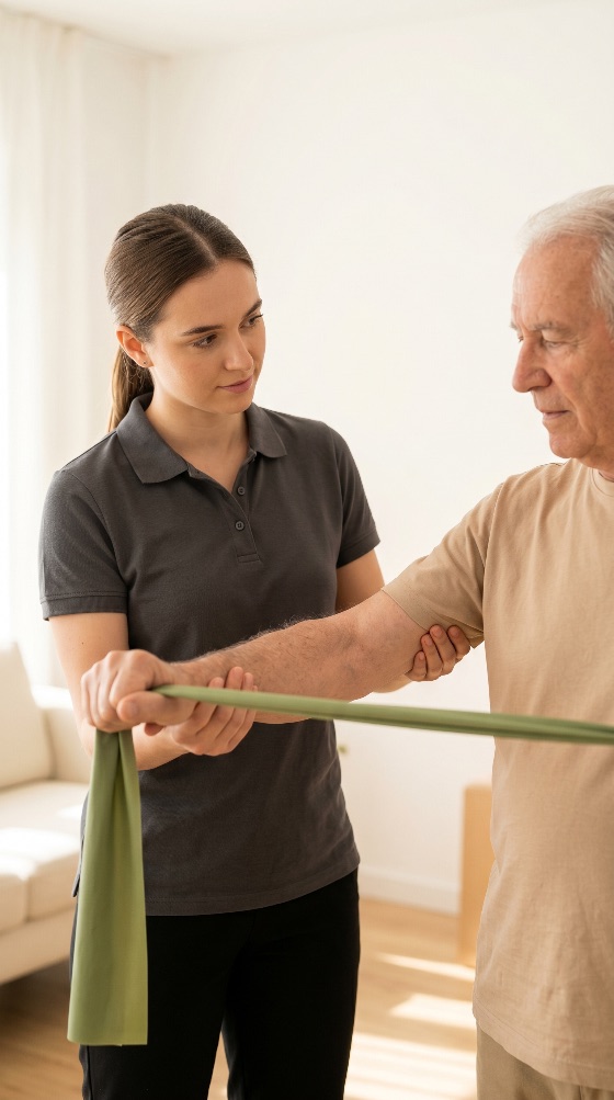 young, female, physiotherapist, helping, elderly, man, with, arm, exercises, using, resistance, band, home, physiotherapy, physical, therapy, senior, rehabilitation, exercise, caregiver, therapist, healthcare, medical, care, strength, training, mobility, recovery, patient, wellness, health, assistance, support, stretching, aging, geriatric, professional, clinic, indoor, lifestyle, active, muscle, treatment