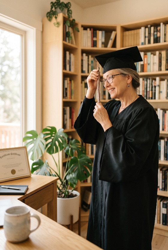 smiling, senior, woman, graduation, gown, adjusting, tassel, home, library, mature, education, success, achievement, mortarboard, student, lifelong, learning, office, bookshelf, celebration, proud, accomplishment, diploma, certificate, academic, degree, university, college, career, goal, ambition, happiness, lifestyle, indoor, knowledge, wisdom, study, online