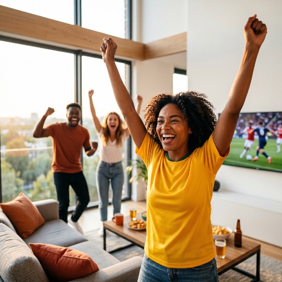excited, diverse, friends, cheering, and, celebrating, victory, while, watching, football, match, modern, living, room, soccer, celebration, fans, goal, winning, home, television, sports, excitement, happiness, multi-ethnic, group, lifestyle, leisure, snacks, beer, party, game, emotional, joy, success, indoor, apartment, young, adults, togetherness, social, entertainment, yellow, shirt, arms, raised, shouting, laughing, people