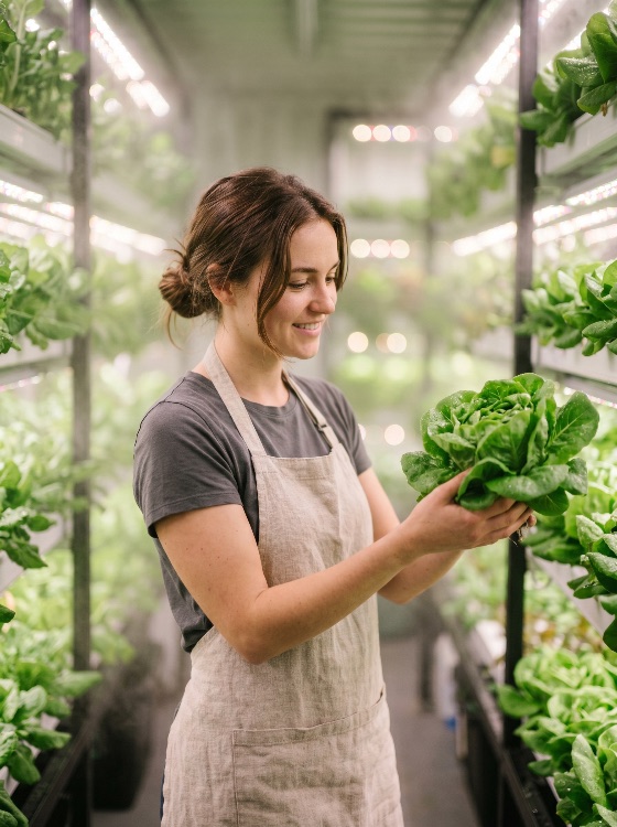 smiling, young, woman, holding, fresh, lettuce, modern, vertical, indoor, farm, hydroponics, farming, farmer, agriculture, sustainable, technology, agritech, greenhouse, organic, healthy, green, urban, harvest, led, lights, growing, plants, worker, apron, food, production, future, sustainability, environment, local, leafy, greens, cultivation, smart, hydroponic, system, garden, vegetable, nutrition, eco-friendly, people, lifestyle