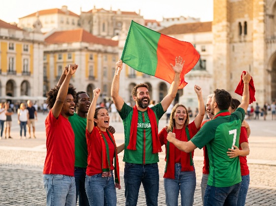 enthusiastic, group, diverse, portuguese, football, fans, cheering, and, waving, the, national, flag, historic, city, square, during, celebration, portugal, soccer, lisbon, patriotism, victory, winning, sports, team, support, happiness, excitement, friendship, outdoor, sunny, european, tourism, travel, community, youth, people, men, women, scarf, jersey, architecture, patriotic, unity, crowd, event, championship, world, cup, euro, lifestyle