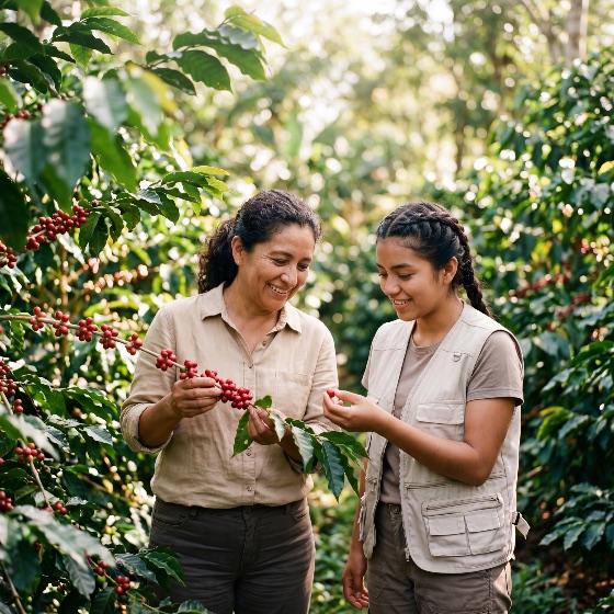 two, smiling, women, harvesting, ripe, red, coffee, cherries, lush, plantation, during, the, harvest, season, farmers, agriculture, farm, beans, green, nature, outdoor, happy, workers, sustainable, organic, tropical, latin, america, hispanic, family, mother, daughter, rural, cultivation, plant, leaf, branch, picking, manual, labor, environment, fair, trade, industry, production, arabica, crop, beverage, teamwork, people, lifestyle