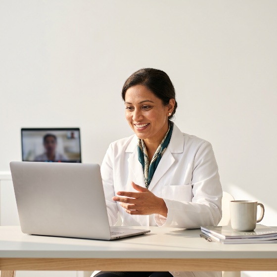 smiling, female, doctor, conducting, telemedicine, consultation, via, laptop, bright, office, telehealth, healthcare, woman, physician, medical, video, call, online, remote, clinic, professional, indian, south, asian, white, coat, communication, technology, digital, health, practitioner, specialist, advice, virtual, meeting, internet, computer, desk, working, patient, care, medicine, wellness, service, expert, adult, modern