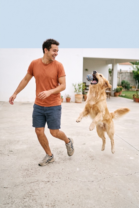 happy, young, man, playing, fetch, with, his, excited, golden, retrieve, cheerful, orange, t-shirt, and, shorts, plays, retriever, dog, concrete, backyard, patio, the, jumps, high, into, air, catching, woven, toy, ball, its, mouth, mid-flight, while, owner, looks, big, smile, scene, represents, joy, companionship, active, lifestyle, pet, ownership, jump, jumping, happiness, action, canine, bond, friendship, outdoor, outdoors, leisure, playful, companion, athletic, mid-air, movement, fun, domestic, animal, male, purebred, training, energy, day, smiling, exercise, home, courtyard, care, relationship, activity, energetic, people