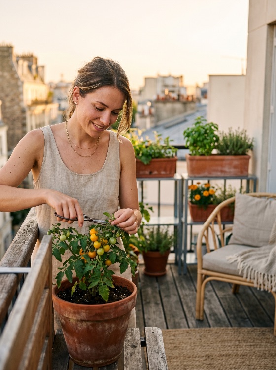 young, woman, gardening, urban, balcony, pruning, yellow, cherry, tomatoes, sunset, city, terrace, lifestyle, hobby, sustainability, organic, apartment, rooftop, nature, harvesting, terracotta, pot, golden, hour, leisure, wellness, healthy, living, home, garden, plant, green, summer, outdoor, smiling, agriculture, domestic, growth, vegetable, herb, life, european, paris, eco-friendly, cultivation, landscapes