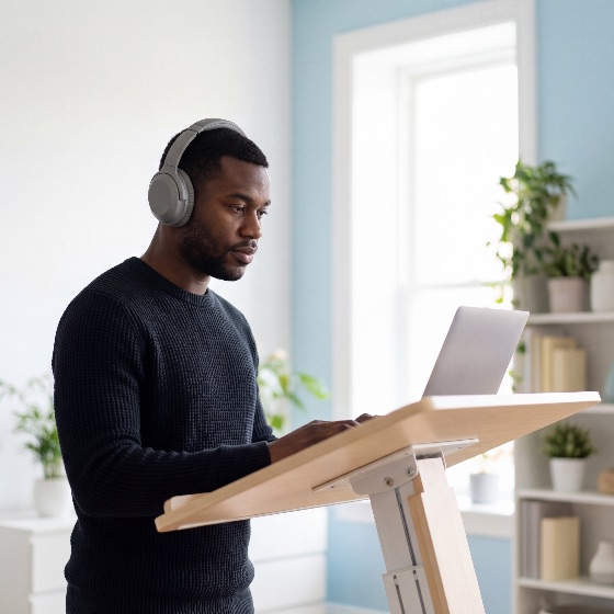focused, young, black, man, wearing, noise-canceling, headphones, works, laptop, modern, wooden, standing, desk, bright, airy, home, office, filled, with, green, plants, and, natural, light, african, american, working, remote, work, productivity, professional, technology, interior, lifestyle, freelance, entrepreneur, business, computer, digital, nomad, ergonomic, health, wellness, workspace, indoor, male, adult, casual, sweater, concentrated, creative, online, internet, communication, education, study, learning, e-learning, career, corporate, success, startup, apartment, domestic, finance