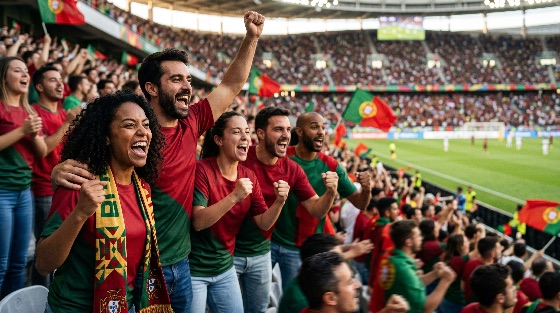 excited, portuguese, soccer, fans, cheering, and, celebrating, crowded, stadium, during, match, portugal, football, celebration, game, sport, crowd, audience, excitement, passion, victory, goal, supporters, national, team, red, green, jersey, scarf, flag, diverse, group, people, emotion, joy, shouting, energy, competition, tournament, event, arena, spectator, lifestyle, leisure, hobby, spirit, unity, fanatical, outdoor, daylight, summer, championship, cup, league, sports, fitness