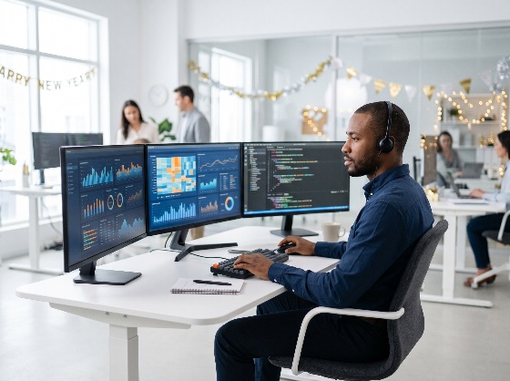 black, male, software, developer, working, multiple, monitors, festive, office, environment, programmer, data, analyst, technology, computer, monitor, headset, professional, business, diversity, african, american, man, coding, analytics, workstation, multi-monitor, corporate, career, modern, new, year, decorations, team, workspace, support, engineer, dashboard, graphs, charts, information, adult, indoor, bright, productivity, multitasking, communication