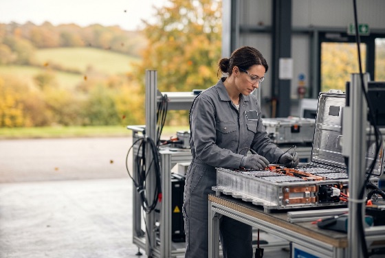 professional, female, technician, safety, gear, inspecting, and, testing, large, lithium-ion, battery, module, for, electric, cars, industrial, setting, vehicle, engineer, woman, technology, workshop, industry, green, energy, sustainability, electronics, repair, maintenance, glasses, jumpsuit, factory, storage, innovation, automotive, engineering, renewable, power, inspection, high-tech, laboratory, manufacturing, work, equipment, tools, pack, clean, future, transport, mobility, skill, expertise, precision, construction