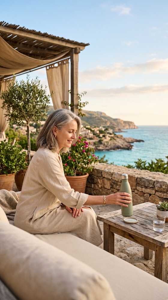 elegant, mature, woman, relaxing, luxury, mediterranean, terrace, with, ocean, view, senior, travel, lifestyle, hydration, reusable, bottle, water, sustainability, golden, hour, sunset, relaxation, wellness, healthy, living, villa, resort, summer, holiday, sea, coastline, linen, dress, peaceful, serene, retirement, active, europe, scenic, beauty, nature, landscapes