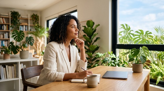 professional, woman, looking, out, the, window, while, working, bright, modern, home, office, filled, with, lush, green, plants, thinking, business, entrepreneur, remote, work, indoor, monstera, desk, laptop, notebook, writing, contemplating, pensive, serene, natural, light, curly, hair, blazer, workspace, productivity, lifestyle, female, adult, career, planning, strategy, creative, peaceful, nature, interior, design, decor, coffee, mug, morning, focus, inspiration, success, freelance, corporate, casual, elegant, beautiful, finance