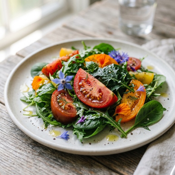 healthy, summer, salad, with, heirloom, tomatoes, fresh, greens, and, colorful, edible, flowers, served, ceramic, plate, tomato, arugula, organic, vegan, vegetarian, food, gourmet, rustic, wooden, table, nutrition, appetizer, lunch, dinner, culinary, garnish, olive, oil, seasoning, spinach, borage, nasturtium, cornflower, wellness, diet, meal, home, cooking, natural, light, close-up, delicious, tasty, raw, plant-based, drink