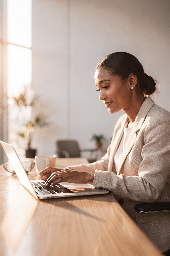 successful, young, black, businesswoman, typing, laptop, woo, side, view, beige, blazer, she, sits, wooden, desk, sunlit, modern, office, warm, natural, light, illuminates, the, scene, highlighting, her, focused, expression, woman, working, professional, computer, success, corporate, technology, business, smiling, sunlight, career, female, entrepreneur, african, american, workplace, internet, communication, focus, lifestyle, remote, work, digital, nomad, executive, employee, person, indoors, portrait, morning, golden, hour, bright, productivity, management, finance, marketing, startup, people, adult, elegant, confident, job, from, home