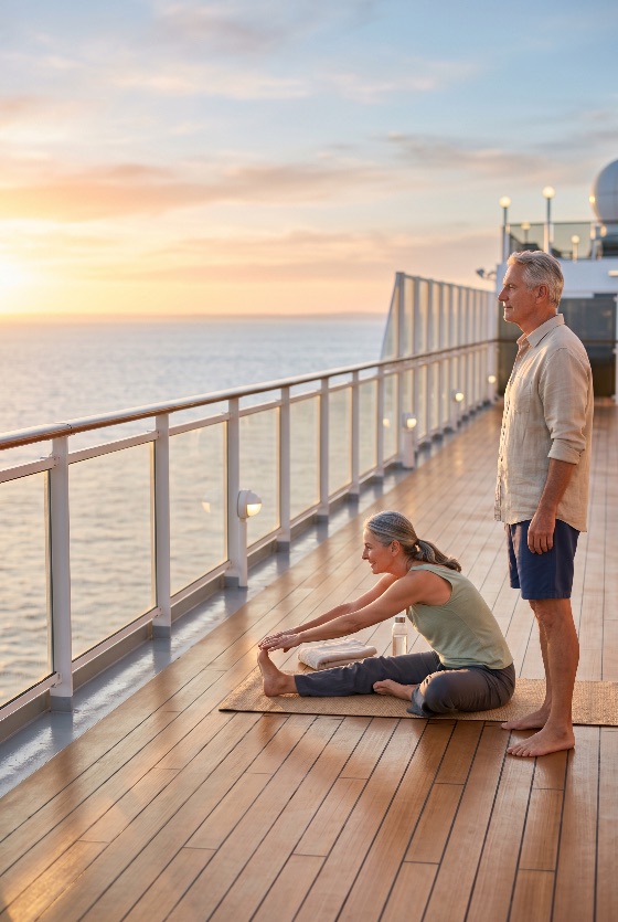 active, senior, couple, practicing, yoga, and, stretching, cruise, ship, deck, sunset, wellness, retirement, travel, vacation, ocean, healthy, lifestyle, seniors, luxury, horizon, sunrise, exercise, fitness, relaxation, sea, tourism, elderly, together, outdoors, golden, hour, wellbeing, health, voyage, holiday, people
