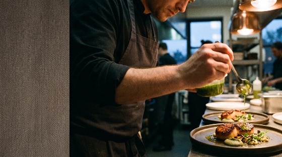 professional, male, chef, meticulously, garnishing, seared, scallops, close-up, side, view, carefully, plating, fine, dining, food, modern, commercial, kitchen, the, uses, spoon, drizzle, vibrant, green, herb, oil, over, perfectly, served, with, vegetable, puree, and, microgreens, elegant, ceramic, plates, showcasing, culinary, precision, high-end, gastronomy, cooking, restaurant, gourmet, sauce, presentation, dish, seafood, cook, luxury, meal, preparation, appetizer, dinner, catering, delicious, detail, service, arts, apron, work, hospitality, recipe, fresh, tasty, delicacy, garnish, drink