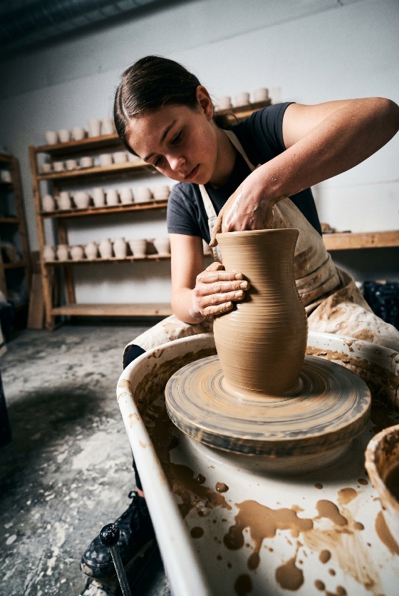 focused, young, female, artist, shaping, tall, ceramic, vase, spinning, pottery, wheel, professional, studio, workshop, clay, potter, handmade, craft, artisan, molding, creating, throwing, handcrafting, woman, creative, hobby, skill, art, education, craftsmanship, traditional, wet, mud, brown, concentration, vessel, process, manual, labor, artistic, maker, class, earthenware, stoneware, industry, small, business, arts, culture