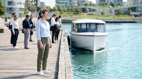young, woman, wearing, noise-canceling, headphones, stands, wooden, dock, waiting, for, commuter, ferry, boat, modern, urban, waterfront, setting, commuting, pier, city, lifestyle, transportation, passenger, public, transport, travel, outdoor, business, casual, harbor, water, morning, professional, person, life, transit, commute, electric, sustainable, vehicles