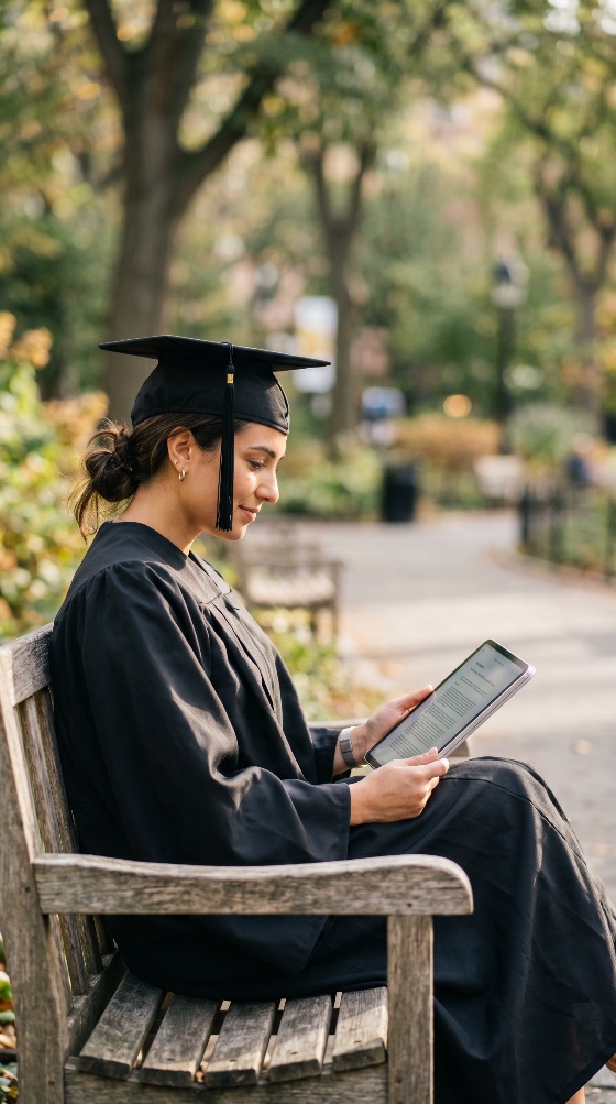 female, graduate, academic, regalia, sitting, wooden, bench, park, while, using, digital, tablet, graduation, student, woman, education, achievement, success, gown, mortarboard, university, college, technology, learning, future, career, outdoor, young, adult, diploma, ceremony, celebration, lifestyle, study, reading, e-learning, online, campus, degree, alumni, cap, and, professional, happiness, goal, ambition, modern, connectivity, wireless, internet, mobile, device