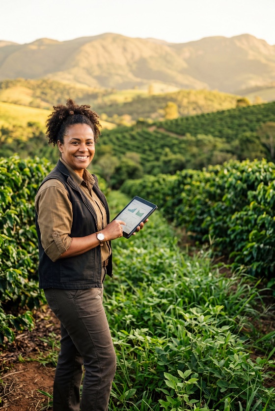 smiling, black, female, agronomist, using, digital, tablet, monitor, crop, data, lush, coffee, plantation, with, mountains, the, background, farmer, agriculture, technology, woman, african, american, farming, agritech, smart, field, rural, sustainability, analysis, professional, portrait, mountain, landscape, nature, harvest, management, business, entrepreneur, worker, outdoor, sunset, golden, hour, owner, brazil, colombia, beans, industry, innovation, research, environment, green, growth