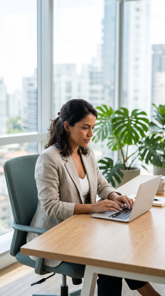 focused, hispanic, businesswoman, typing, laptop, wooden, desk, bright, modern, high-rise, office, with, green, plants, working, professional, computer, corporate, business, woman, city, view, technology, career, success, entrepreneur, latina, blazer, indoor, plant, monstera, productivity, remote, work, freelance, digital, nomad, internet, communication, interior, urban, lifestyle, job, management, executive, workplace, people, adult, one, person, female, casual, elegant, smart, daylight, finance
