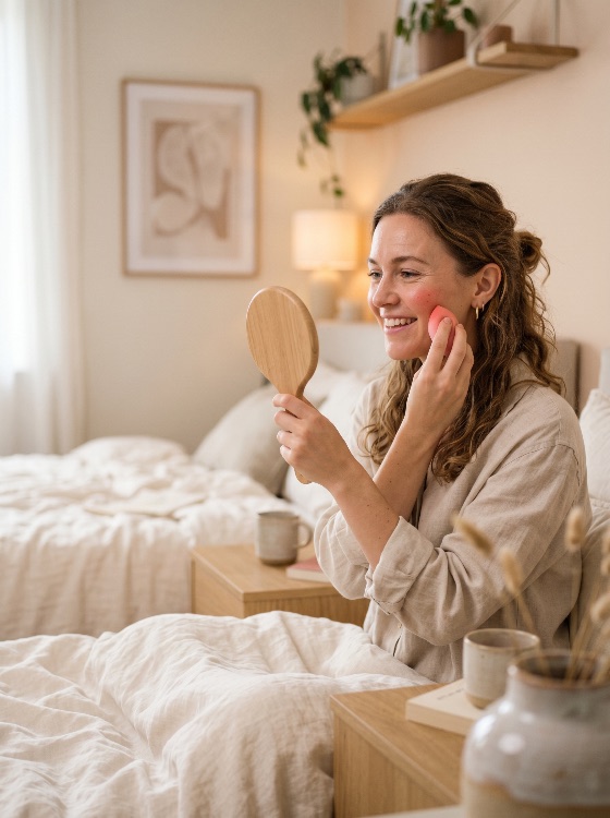smiling, young, woman, sitting, bed, while, applying, makeup, with, pink, sponge, and, looking, into, wooden, hand, mirror, cozy, bright, bedroom, beauty, self-care, routine, morning, skincare, cosmetics, lifestyle, home, natural, wellness, skin, face, blush, foundation, minimalist, interior, linen, ritual, attractive, female, health, grooming, aesthetic, boho, scandinavian, light, happy, leisure, relaxation, personal, care, vanity, daily, life, indoor, plant, decor, people