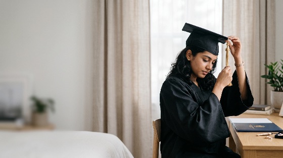 young, indian, female, graduate, black, academic, gown, adjusting, tassel, home, desk, graduation, student, woman, education, achievement, success, cap, mortarboard, diploma, south, asian, regalia, ceremony, milestone, preparation, future, lifestyle, indoors, adult, university, college, school, learning, degree, certificate, proud, celebration, virtual, remote, study, room, bright, light