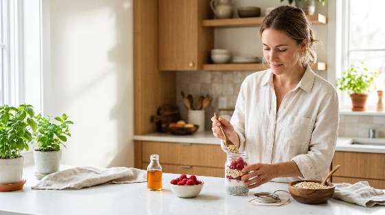 young, woman, preparing, healthy, layered, breakfast, jar, with, oats, and, raspberries, bright, modern, kitchen, yogurt, chia, pudding, meal, prep, wellness, nutrition, lifestyle, morning, food, organic, homemade, vegetarian, snack, glass, preparation, cooking, domestic, interior, natural, light, minimalist, white, linen, basil, diet, fitness, health, eating, fresh, fruit, berry, granola, cereal, overnight, drink