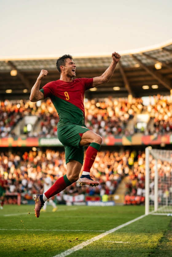 professional, soccer, player, red, and, green, uniform, jumping, celebrating, goal, with, clenched, fists, packed, stadium, football, celebration, athlete, victory, jump, winning, match, sport, competition, triumph, success, action, mid-air, shouting, excitement, game, tournament, championship, jersey, pitch, field, grass, emotion, dynamic, golden, hour, sunset, outdoor, arena, male, man, fitness, power, energy, sports