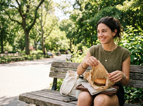 young, smiling, woman, enjoying, delicious, burger, while, sitting, wooden, bench, sunny, public, park, during, her, lunch, break, eating, outdoor, summer, happy, lifestyle, food, takeaway, picnic, adult, female, city, nature, green, leisure, relaxation, sandwich, meal, snack, casual, day, urban, portrait, people, person, appetite, plant-based, vegetarian, street