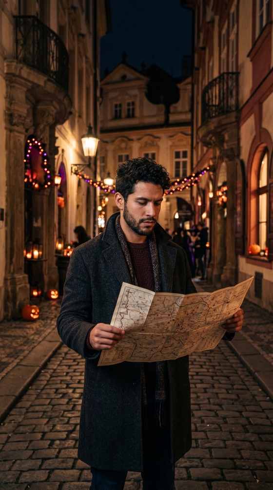 young, male, traveler, looking, paper, map, historic, european, street, decorated, for, halloween, night, tourist, city, europe, cobblestone, man, exploring, navigation, autumn, fall, decorations, jack-o-lantern, pumpkin, travel, vacation, tourism, old, town, architecture, handsome, lifestyle, evening, adventure, lost, searching, direction, overcoat, scarf, festive, atmosphere, urban, alley, narrow, holiday, exploration, wayfinding, outdoor, nightlife, seasonal, places