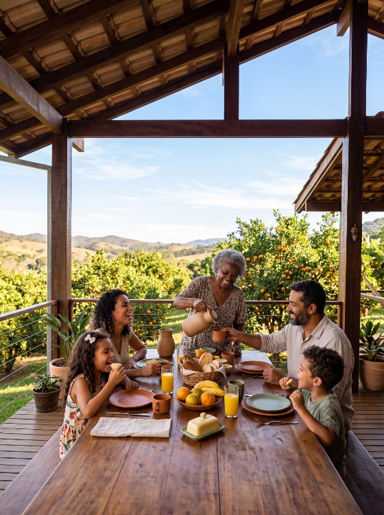 happy, multi-generational, family, enjoying, breakfast, together, rustic, outdoor, deck, overlooking, lush, orchard, landscape, lifestyle, happiness, grandmother, meal, healthy, veranda, rural, morning, eating, bonding, diversity, brunch, coffee, juice, fruit, bread, summer, vacation, farm, countryside, togetherness, latin, brazilian, black, african, american, senior, adult, kid, girl, boy, home, house, wooden, nature, scenic, joy, people
