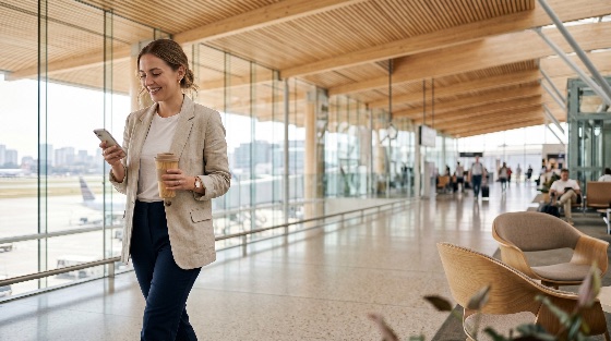 young, smiling, businesswoman, walking, through, modern, airport, terminal, while, using, her, smartphone, and, holding, coffee, cup, woman, travel, business, professional, departure, arrival, technology, communication, lifestyle, architecture, passenger, trip, vacation, work, corporate, entrepreneur, mobility, transport, aviation, lounge, glass, wood, interior, casual, blazer, reusable, mobile, phone, texting, online, connectivity, digital, nomad, executive, career, success, positive, happy, waiting, gate, flight, journey, people