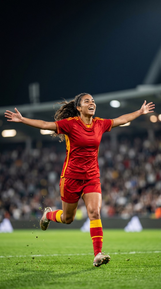 joyful, female, soccer, player, red, uniform, celebrating, goal, with, arms, outstretched, stadium, night, football, athlete, celebration, victory, winning, woman, sport, running, joy, success, happy, pitch, field, jersey, grass, floodlights, crowd, fans, competition, athletic, active, achievement, emotion, excitement, energy, movement, outdoor, arena, professional, match, game, sportsmanship, triumph, score, action, lifestyle, sports, fitness