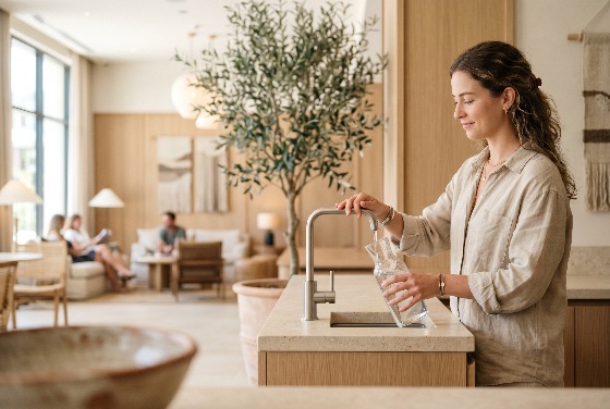 young, woman, filling, glass, carafe, with, fresh, water, from, modern, faucet, bright, minimalist, interior, kitchen, sink, lifestyle, hydration, healthy, wellness, luxury, lounge, home, apartment, hotel, lobby, olive, tree, plant, wooden, natural, light, sustainable, drink, pouring, person, female, casual, linen, shirt, decor, design, architecture, indoor, morning, routine, hospitality, high-end, elegant, peaceful, calm, interiors