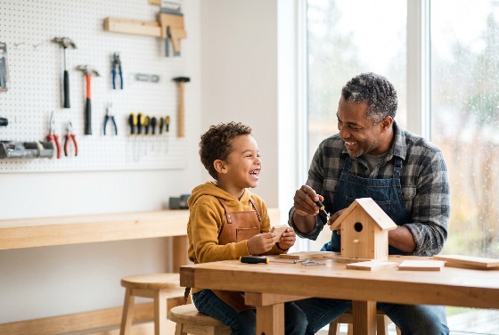 happy, african, american, father, and, son, building, birdhouse, together, home, workshop, family, diy, carpentry, woodworking, black, bonding, happiness, laughing, childhood, education, learning, tools, workbench, improvement, hobby, craft, parenting, mentor, teaching, domestic, life, indoor, lifestyle, male, boy, man, apron, woodwork, project, construction, skill, development, leisure, quality, time, creative, handmade, wood, screwdriver, pegboard, garage, studio, smiling, cheerful, relationship, people