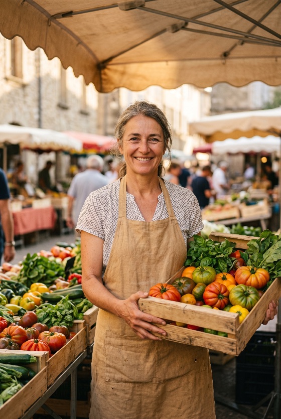 smiling, female, vendor, holding, wooden, crate, fresh, heirloom, tomatoes, sunny, outdoor, farmer, market, woman, organic, vegetables, apron, local, healthy, agriculture, food, summer, sustainability, harvest, produce, retail, small, business, entrepreneur, middle-aged, lifestyle, nutrition, grocery, garden, farm-to-table, people