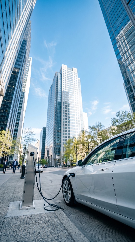 white, electric, car, charging, street, station, modern, city, with, skyscrapers, skyscraper, urban, sustainability, green, energy, transportation, technology, environment, ecological, power, electricity, vehicle, automobile, sidewalk, architecture, future, clean, renewable, infrastructure, downtown, business, district, daylight, blue, sky, eco-friendly, vehicles