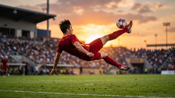 athletic, soccer, player, performing, spectacular, overhead, bicycle, kick, during, football, match, sunset, with, stadium, crowd, the, background, athlete, sports, action, goal, competition, red, uniform, ball, field, grass, skill, mid-air, jump, golden, hour, professional, game, striker, spectators, performance, energy, motion, scoring, team, tournament, championship, outdoor, fitness, agility, power