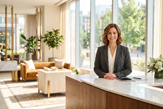 confident, female, professional, grey, blazer, smiling, behind, woman, business, attire, stands, reception, counter, contemporary, lobby, the, space, features, large, windows, indoor, plants, and, elegant, furniture, projecting, welcoming, atmosphere, office, corporate, manager, receptionist, hospitality, hotel, modern, interior, desk, marble, tablet, career, success, leadership, service, customer, employee, staff, work, workplace, bright, sunlight, luxury, upscale, decor, lifestyle, adult, caucasian, portrait, friendly, businessperson, commercial, real, estate, property, finance