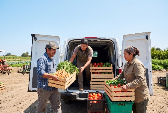 group, hispanic, farmers, loading, wooden, crates, filled, with, fresh, organic, vegetables, into, white, delivery, van, sunny, farm, agriculture, harvest, workers, latino, teamwork, carrots, tomatoes, peppers, rural, distribution, produce, food, local, sustainable, marketplace, small, business, manual, labor, countryside, transportation, logistics, supply, chain, healthy, field, plantation, drink